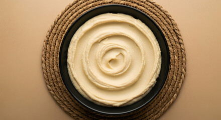 Close-up of a cinnamon roll on a woven tray representing a delicious and cozy food moment
