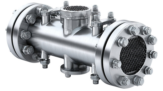 Industrial Exchanger Component: A metallic shell and tube heat exchanger is exhibited against a clean backdrop, accentuating its robust design and functionality in an industrial setting.