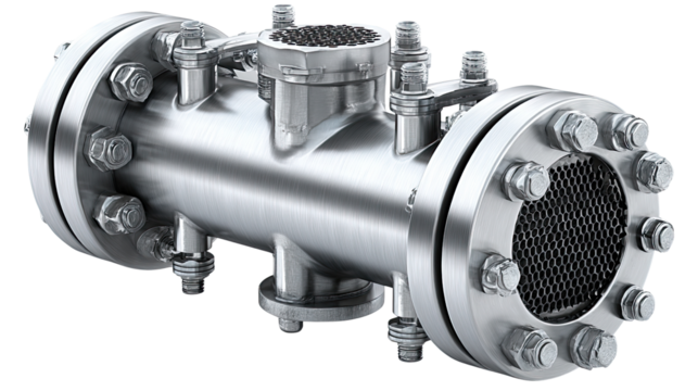 Industrial Exchanger Component: A metallic shell and tube heat exchanger is exhibited against a clean backdrop, accentuating its robust design and functionality in an industrial setting.