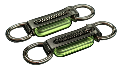 Charming Zipper Pulls: Pair of modern zipper pulls, featuring sleek metal housings, durable zipper teeth, and vibrant colored accents, against a clean, uncluttered background.