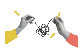 A hand pulls a thread from a tangled ball in other hand. Concept of problem solving and eliminating uncertainty. Modern photo collage style. Illustration on transparent background