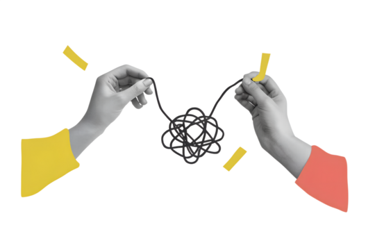 A hand pulls a thread from a tangled ball in other hand. Concept of problem solving and eliminating uncertainty. Modern photo collage style. Illustration on transparent background