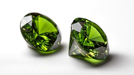 Fototapeta premium Two green facet cut gemstones isolated