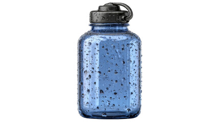Fresh hydration: A close-up shot of a modern blue water bottle, perfectly frosted with condensation, embodying freshness, health, and the essence of hydration.