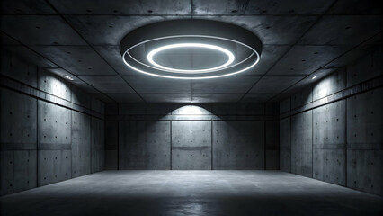 Futuristic Concrete Room with Circular Ceiling Light and Stark Shadows