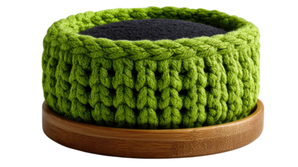 Artisanal Cat Bed: A charming close-up showcases a meticulously crafted round cat bed. Its vibrant green woven exterior surrounds a plush black cushion, all resting upon a smooth wooden base.