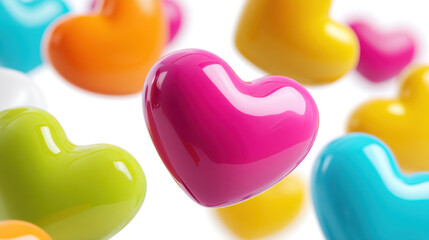 Floating Hearts, A minimalist, modern 3D hearts in various glossy colors (magenta, orange, yellow, green, cyan, blue) floating in mid-air. Isolated on a clean white background. 3d illustration.