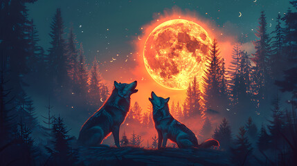 Wolves howling at glowing moon in mystical forest night scene
