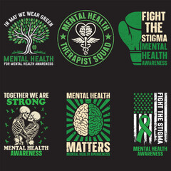 Fototapeta premium Collection of Mental Health T-shirt Vector, Positive Quotes Shirt, Green Mental Health Illustration, Self Love Tshirt, Self Care Clipart