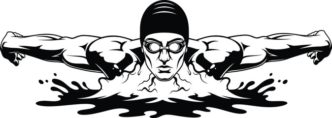 Illustration of a swimmer in black and white with water splashing around