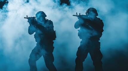 Fototapeta premium Two armed soldiers in silhouette, amidst smoky, blue light.