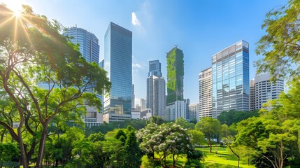 Fototapeta premium Lush Green Urban Park with Modern City Skyline and Sunlight