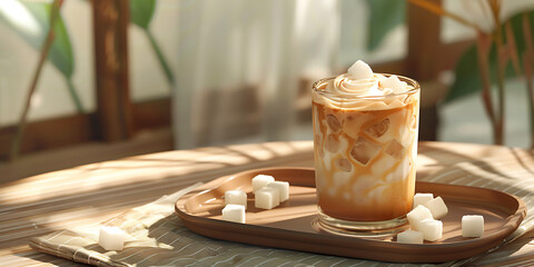 Coffee with Milk Foam and Marshmallows on Wooden Tray by Window

