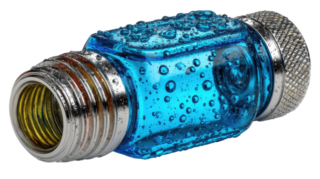 Glass Bulb Connector: A close-up shot of a striking glass bulb connector. Its textured glass body is a vibrant blue color and encased with water bubbles.