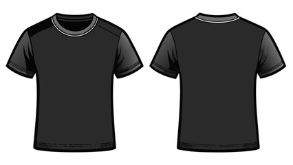 Naklejka premium A blank black T-shirt template, front and back view, rests perfectly on a white background. Its crisp lines and deep shade highlight contrast and style in vector-ready design.
