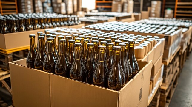 Rows of glass wine bottles arranged in cardboard boxes at a warehouse for beverage packaging and logistics. - Powered by Adobe