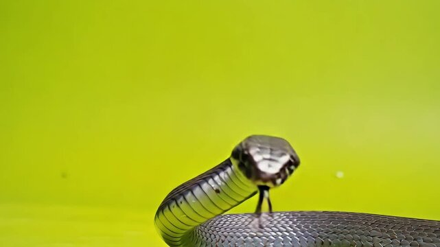 Close-up of a snake with its tongue flicking, set against a vibrant green background