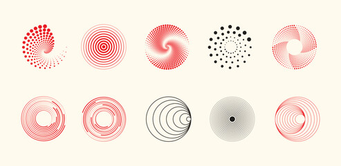 Geometric concentric Circle Shape Set. Abstract Spiral, Dotted, and Concentric Line Designs in Red and Black. Y2K style Geometric elements for design.