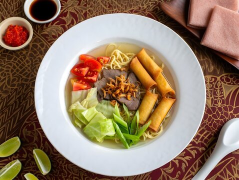 A Bowl of Soto Mie Bogor. Traditional Indonesian Clear Noodle Soup.