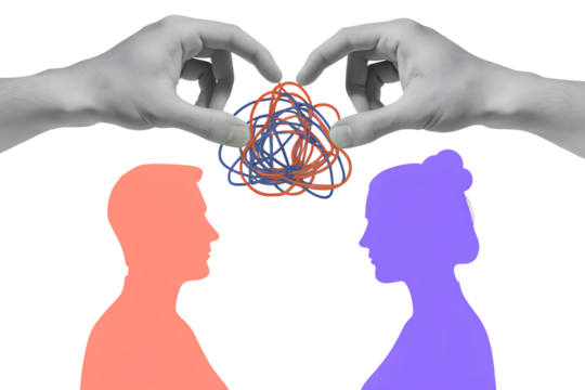 Hands unraveling a tangled ball of thoughts between a man and a woman - the concept of family or couple psychotherapy. Modern photo collage style. Illustration on transparent background