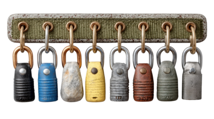 Colorful Kettlebells Hanging: An organized row of vibrant kettlebells, each with a unique hue, suspended neatly from a rack, showcasing diversity in a gym setting.