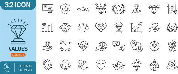 Fototapeta premium Values Diamond Award Trophy Leadership Quality Business Line Icon Setvalues,diamond,award,trophy,leadership,quality,business,icon,line,editable,set,certificate,shield,thumbs,stars,laurel,people,docume