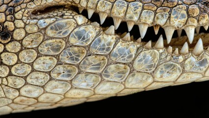 Fototapeta premium Close-up of a Crocodile's Jaw with Sharp Teeth and Textured Scales