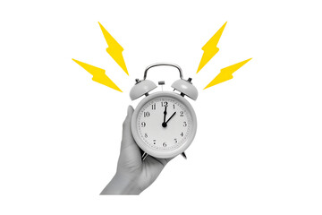 Collage with classic ringing alarm clock in a hand