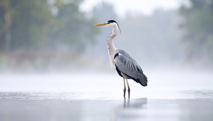 Fototapeta premium Elegant heron wading in tranquil misty waters, showcasing nature's quiet beauty