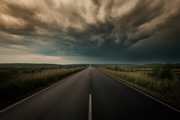 Fototapeta premium Endless highway disappearing under ominous storm clouds at horizon