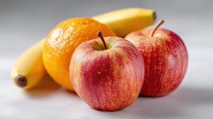 Fresh and Colorful Arranged Fruits Featuring Apple, Orange, and Banana on Simple Background