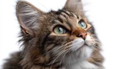 Adorable Fluffy Cat with Beautiful Green Eyes Looking Up Curiously Against a Clean White Background