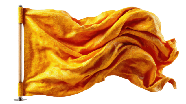 Yellow Flag Waving: A bright yellow flag waves with a dynamic sense of motion. The flag billows, creating an eye-catching image representing alerts, warnings and caution.