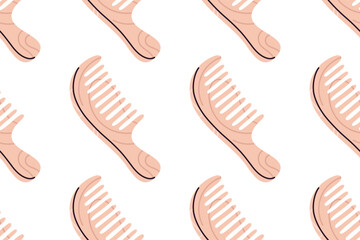 Repeating seamless pattern with wooden wide-tooth combs for grooming and detangling thick hair