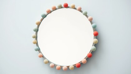 Obraz premium Round mirror with colorful pom poms on a pale blue wall