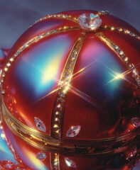 super close up of an egg, with burgundy and brass trimmings, diamond inlay