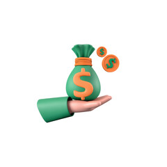 Green money bag cinched with an orange band and featuring a large orange dollar sign, accompanied by two coins with green dollar signs on an orange ring, transparent background
