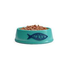 A turquoise pet bowl with a dark blue fishbone illustration on the side holds a generous amount of tan-colored, fish-shaped kibble, transparent background