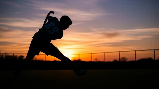 Silhouette of Field Hockey Player at Sunset - The silhouette of a field hockey player is captured at sunset, bending down in a playing position with their stick and a ball visible.