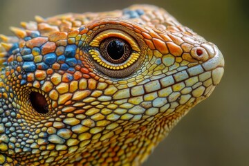Naklejka premium Close-up of Reptile Scales, Eye, and Skin: A Study in Color and Texture