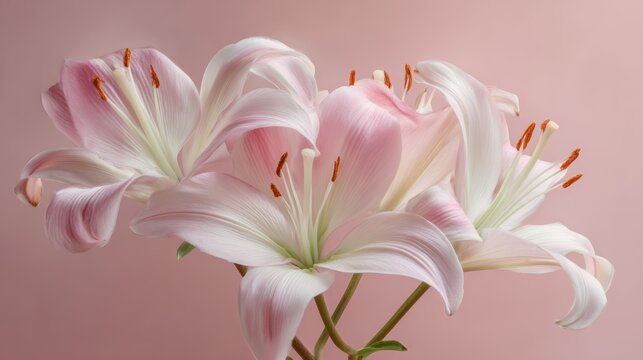 Three elegant pale pink lilies with delicate petals and orange stamens on a soft pink background.