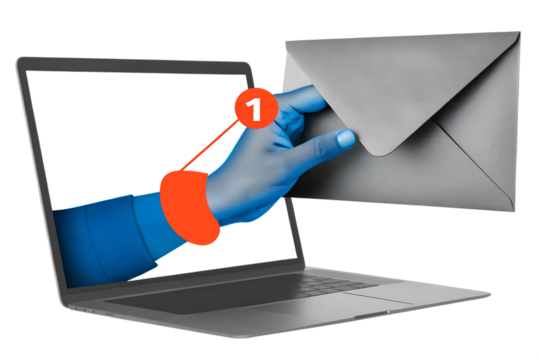 Blank and white hand takes out an envelope with a notification of an unread message from an open laptop. Modern collage style. Illustration on transparent background