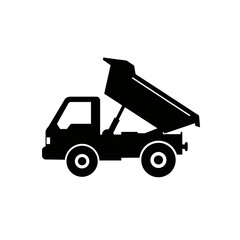 A simple black and white vector graphic depicts a dump truck with its bed raised, set against a clean white background, ideal for minimalist designs.