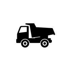 A minimalist black silhouette icon of a sturdy dump truck, a heavy-duty vehicle essential for construction and material transport, isolated on a white background.