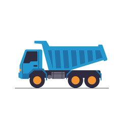 Fototapeta premium A vibrant blue dump truck, illustrated in a simple and modern flat design style, is perfectly isolated on a white background, ideal for construction, transport, and industrial design projects.
