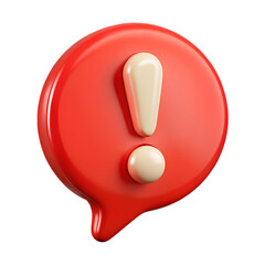 3d red speech bubble with white exclamation mark icon, on Transparent background