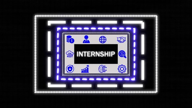 A A Internship concept button  on a futuristic ,high performance, monitoring and evaluation ,Blue holographic advanced rectangle platform glowing dots digital luxurious wave particles flows background
