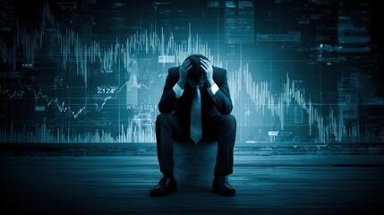 A businessman sits with his head in his hands, overwhelmed by declining financial charts and data displayed behind him.