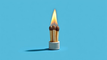 Burning matches in cylindrical holder against light blue background