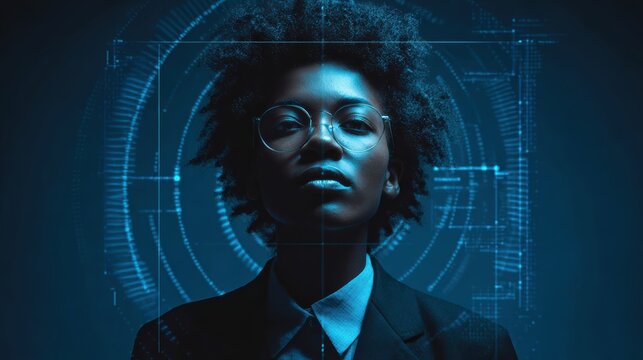 A futuristic portrait of a person with glasses, surrounded by digital blue light and technological interface elements, evoking AI and cyber themes. - Powered by Adobe